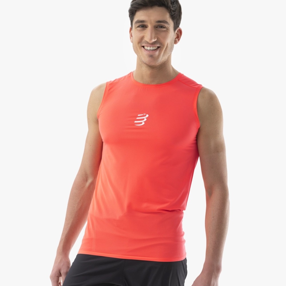 【美品】COMPRESSPORT ノースリーブ トレイルランニングシャツ COMPRESSPORTS コンプレスポーツ Trail Racing Tank M FLUO RED メンズ