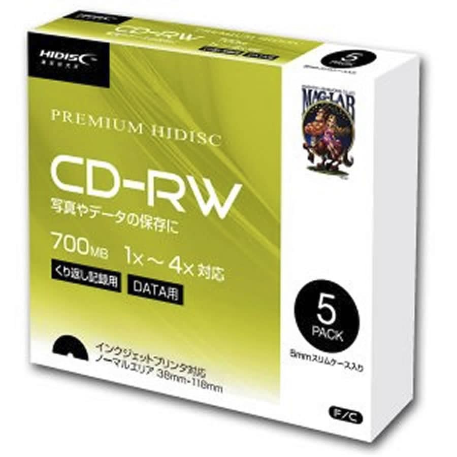 HIDISC データ用 CD-RW 1-4倍速5mmスリムケース入り5枚パック HDCRW80YP5SC