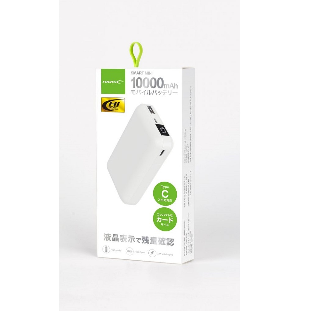 おすすめ HIDISC 液晶表示で残量がわかるモバイルバッテリー カードサイズ, USB-Type C入出力可能 ホワイト HD-MBLCD10000BTWH 充電器