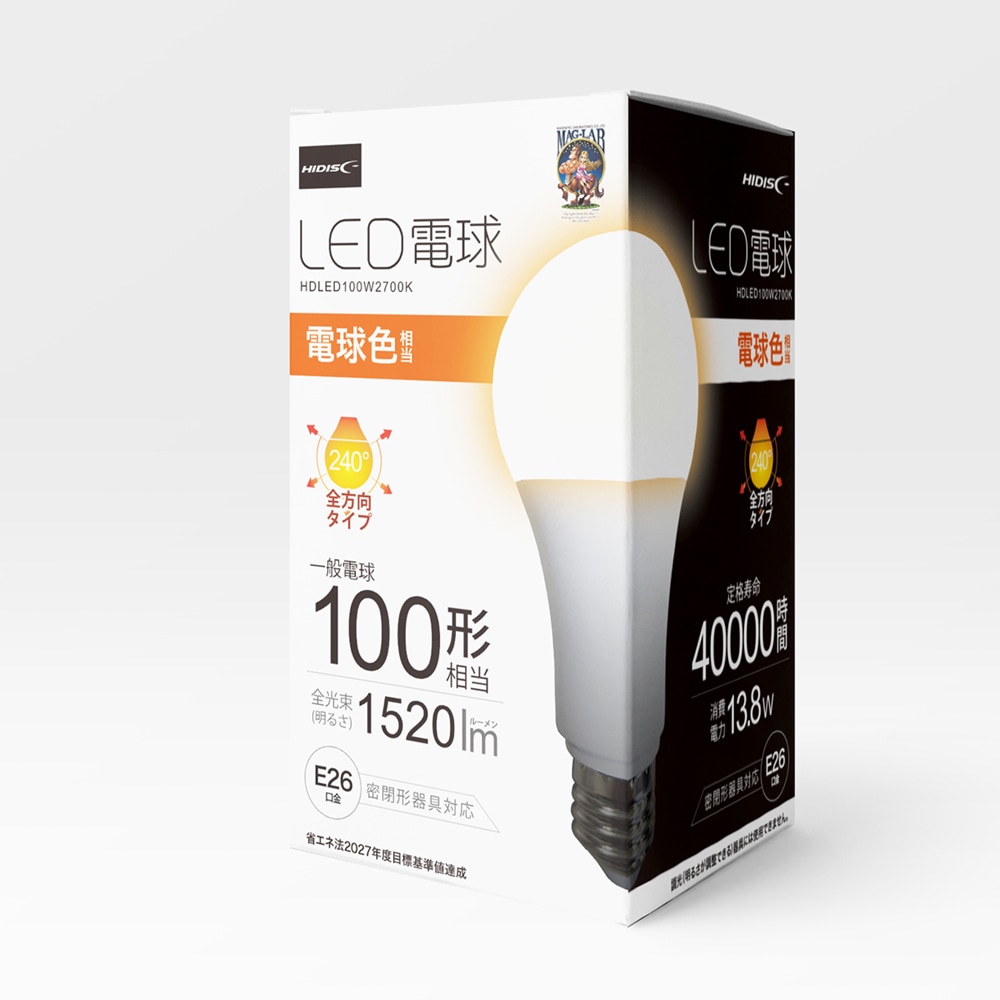 HIDISC LED電球(一般電球100形相当)長寿命 電球色 HDLED100W2700K