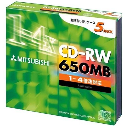 三菱化学メディア データ用 CD-RW 1-4倍速対応 650MB 5枚パック 5mmスリムケース入り  SW74QU5**