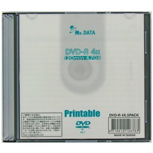 [100枚まとめ売り] MR.DATA DVD-R アナログ録画・データ用 120分 4倍速 インクジェットプリンタ対応ホワイト スリムケース 5枚 x 20個 [返品交換不可]