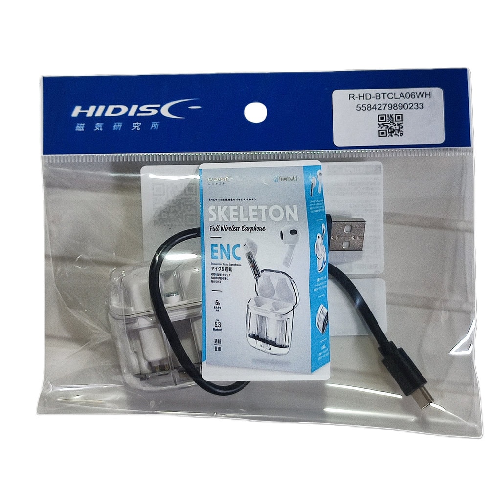 【リファービッシュ】HIDISC ENCマイク搭載 スケルトンフルwirelessイヤフォン ホワイト R-HD-BTCLA06WH