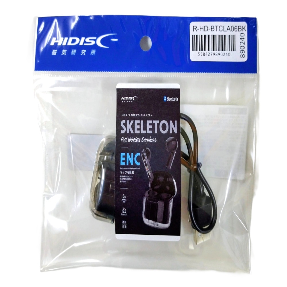 【リファービッシュ】 HIDISC ENCマイク搭載 スケルトン フルwirelessイヤフォン ブラック R-HD-BTCLA06BK