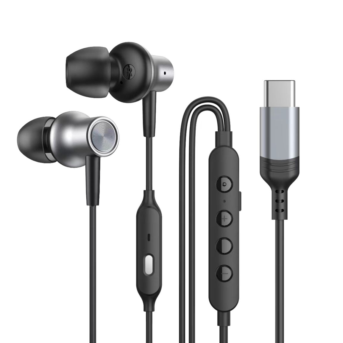 USB Type-Cゲーム＆カラオケ対応（マイク搭載）有線イヤホン　黒×シルバー　HD-KC0086BK