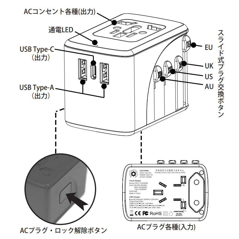 HIDISC トラベルチャージャー HD3-TC65WBK 世界150カ国以上のコンセントに対応 