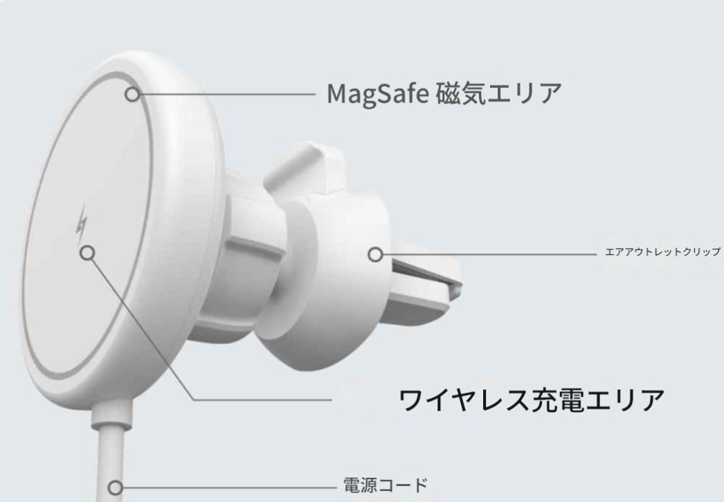 MagSafe対応ワイヤレス車載充電器(iPhone 12~16対応・15W急速充電・USB-C接続)HD-MGWCCLWH