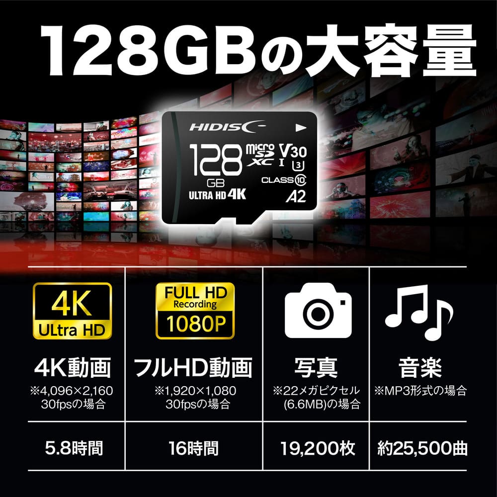 HIDISC 超高速 R170シリーズ microSDXCカード 128GB CLASS10 UHS-I Speed class3, A2対応