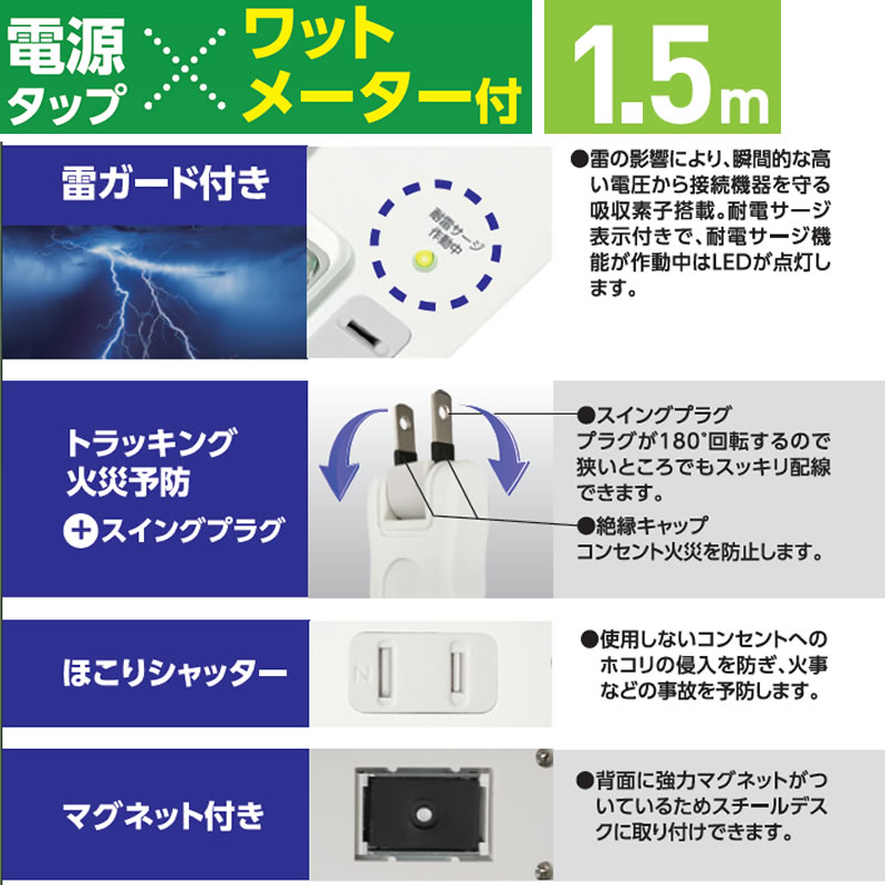 HIDISC ワットメーター付コンセント4個口 電源タップ HDTAC4WMWH