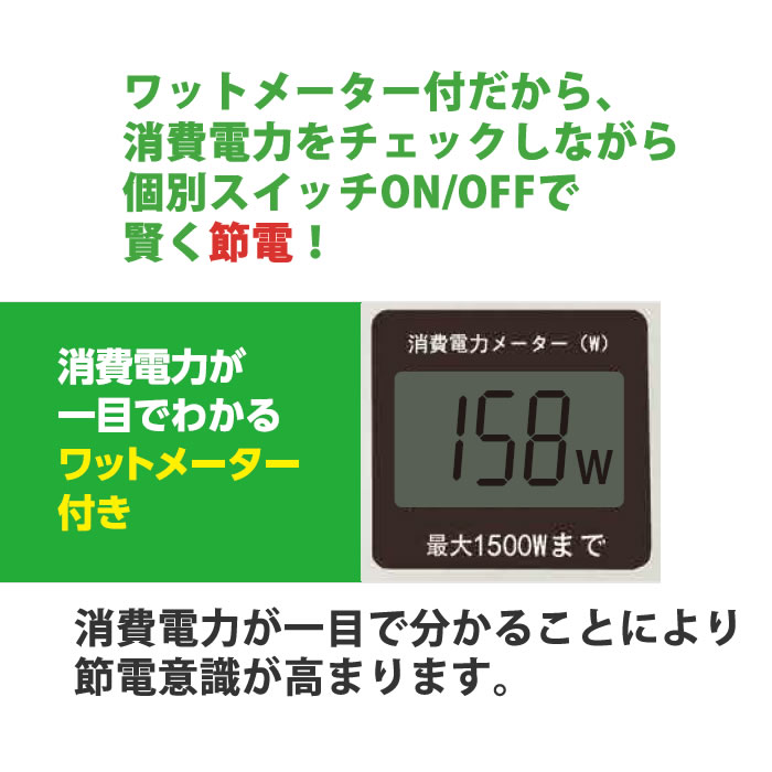 HIDISC ワットメーター付電源タップ HDTAC6WMWH