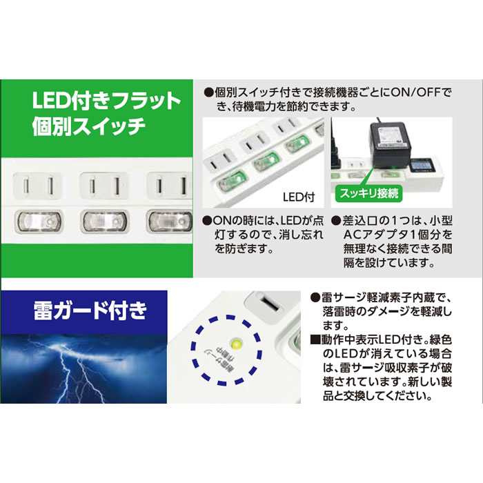 HIDISC ワットメーター付電源タップ HDTAC6WMWH