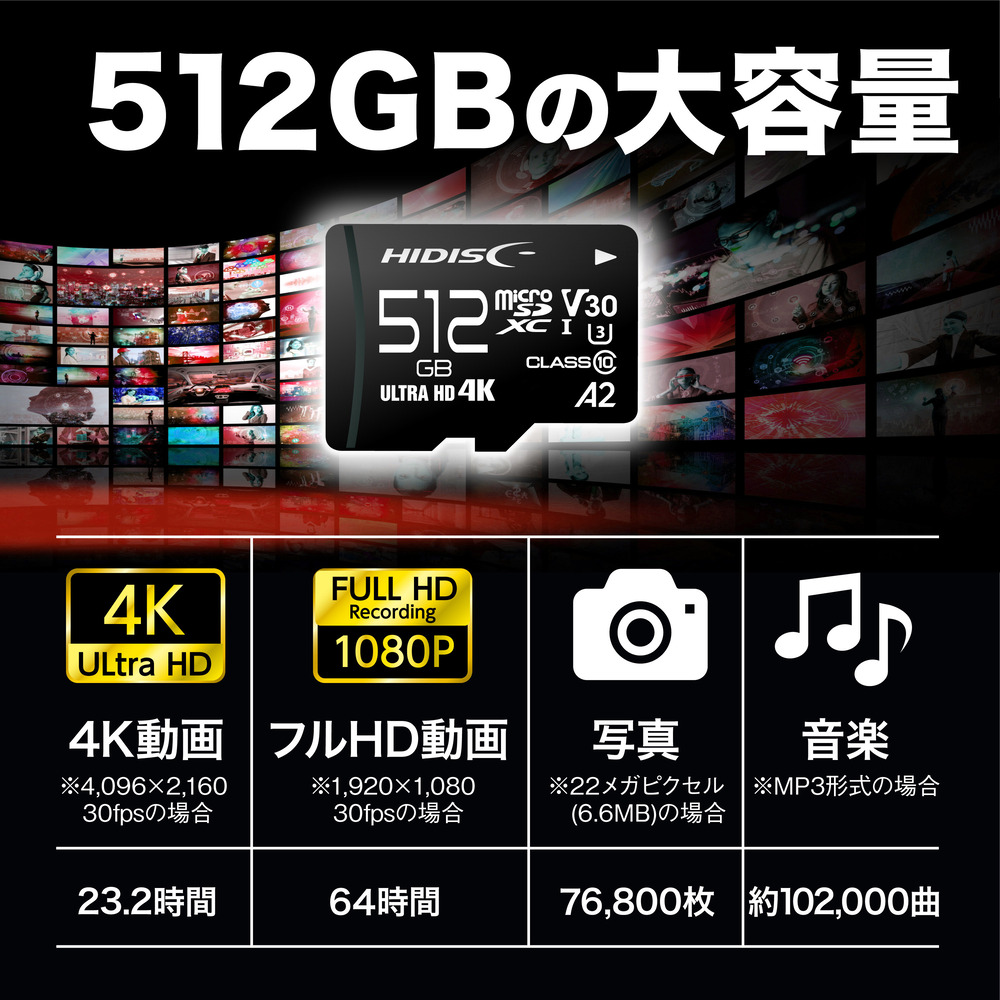 HIDISC 超高速microSDXCカード 512GB CLASS10 UHS-I Speed class3, A2対応　HDMCSDX512GA2V30