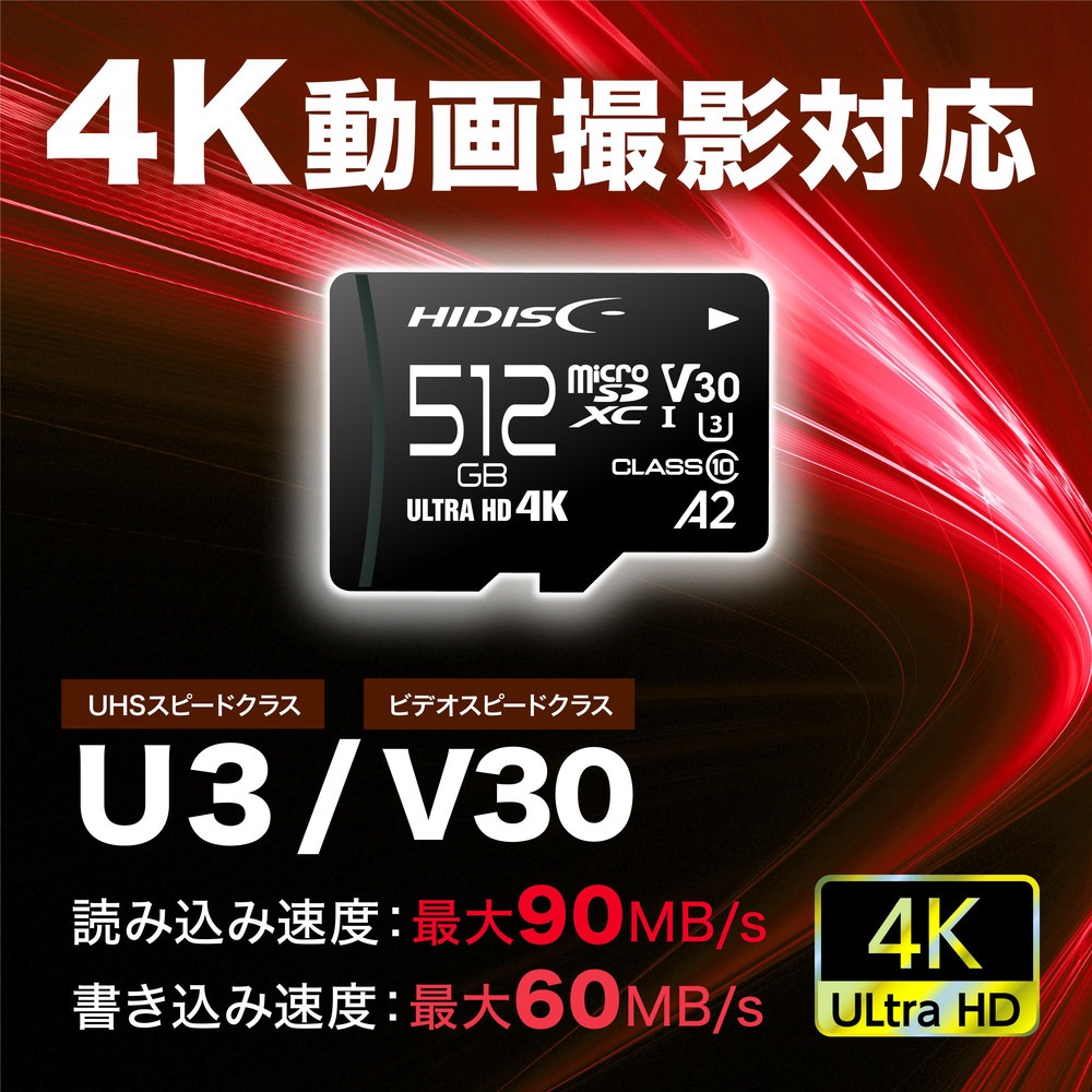 HIDISC 超高速microSDXCカード 512GB CLASS10 UHS-I Speed class3, A2対応　HDMCSDX512GA2V30