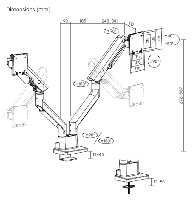 ヘラクレス重荷重対応ガススプリング式デュアルモニターアーム（24〜45インチ・27kg対応）