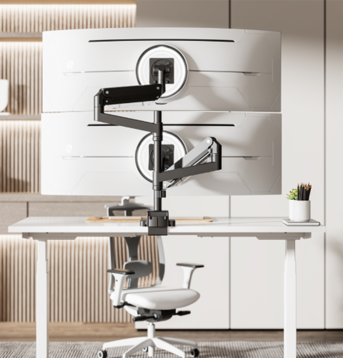 スーパー・ヘビーデューティー ポール取付式 ガススプリング式デュアルモニターアーム VESAアダプター付属