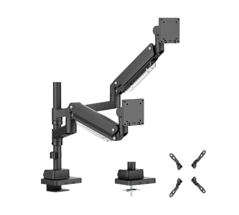 スーパー・ヘビーデューティー ポール取付式 ガススプリング式デュアルモニターアーム VESAアダプター付属
