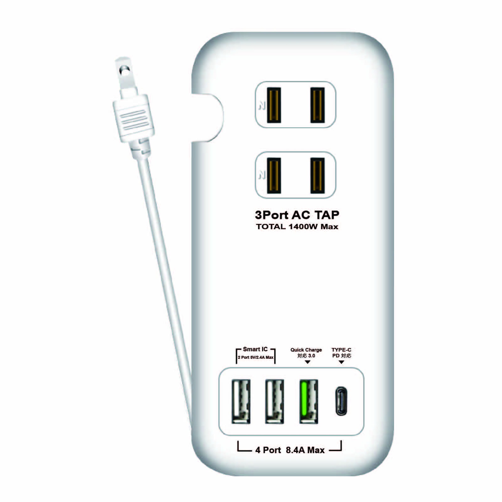 HIDISC 最大出力18W QC3.0 PD対応 AC電源タップ & USB充電器 typeC　HDUTC2U3PWH