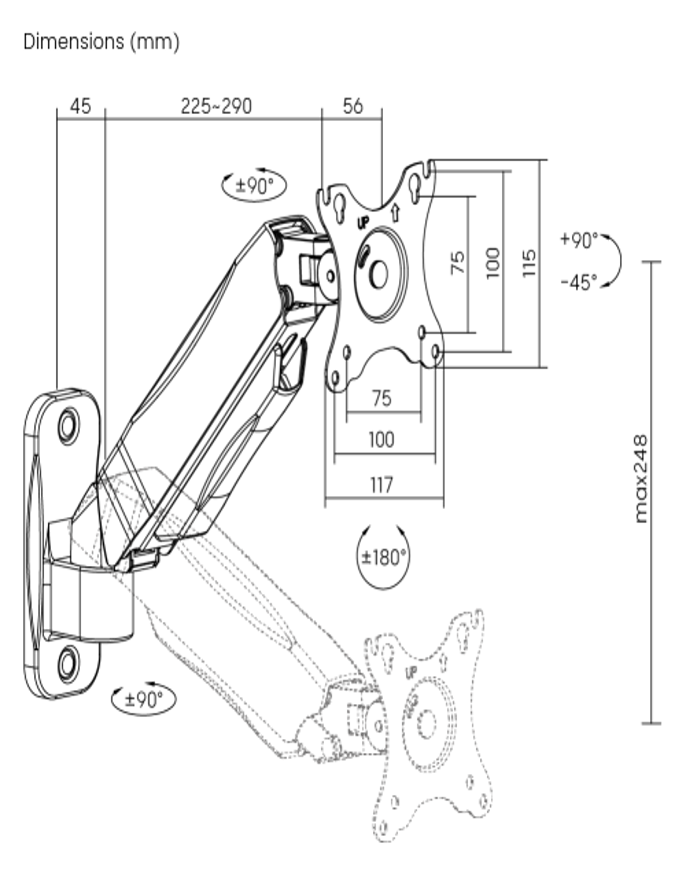 壁面取付対応 シングルモニターアーム スプリングアシスト式 17〜32インチ対応 VESA75/100 ブラック