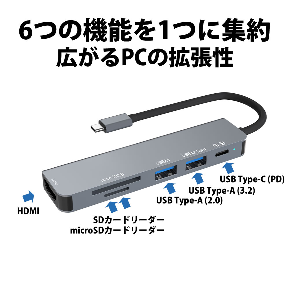 HIDISC 6in1 USB Type-C ハブ シルバー HD-6IN1HBSV