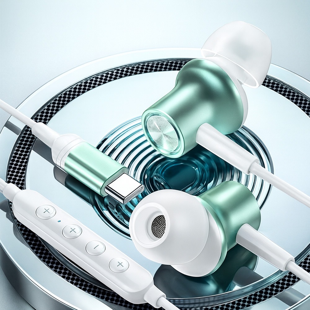 USB Type-Cゲーム＆カラオケ対応（マイク搭載）有線イヤホン　白×緑　HD-KC0086GR