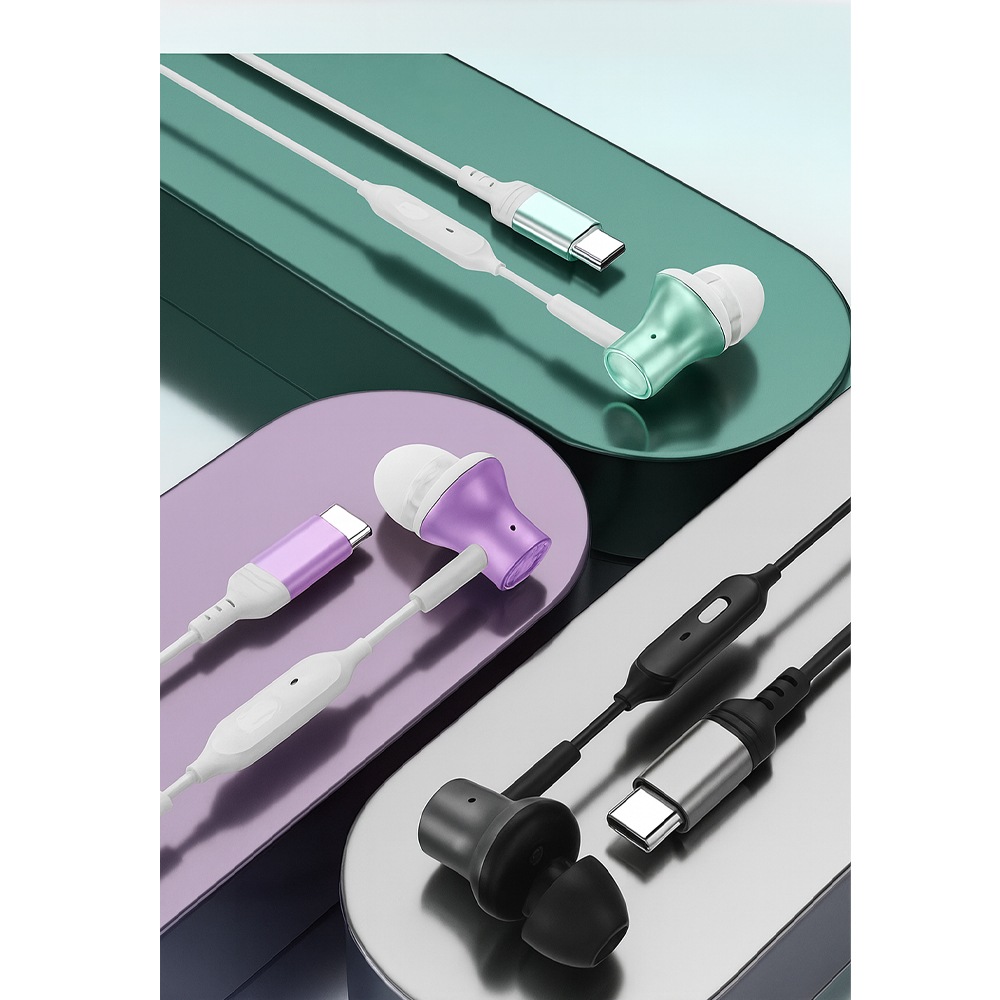 USB Type-Cゲーム＆カラオケ対応（マイク搭載）有線イヤホン　白×緑　HD-KC0086GR