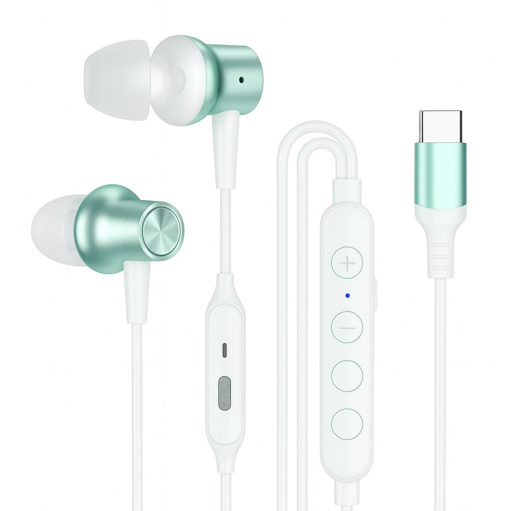 USB Type-Cゲーム＆カラオケ対応（マイク搭載）有線イヤホン　白×緑　HD-KC0086GR