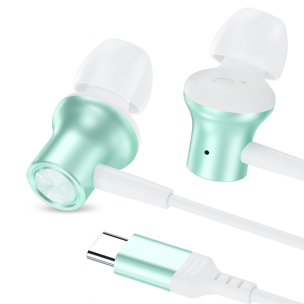 USB Type-Cゲーム＆カラオケ対応（マイク搭載）有線イヤホン　白×緑　HD-KC0086GR