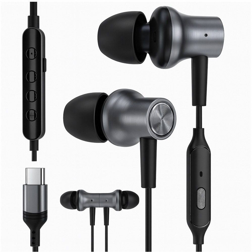 USB Type-Cゲーム＆カラオケ対応（マイク搭載）有線イヤホン　黒×シルバー　HD-KC0086BK