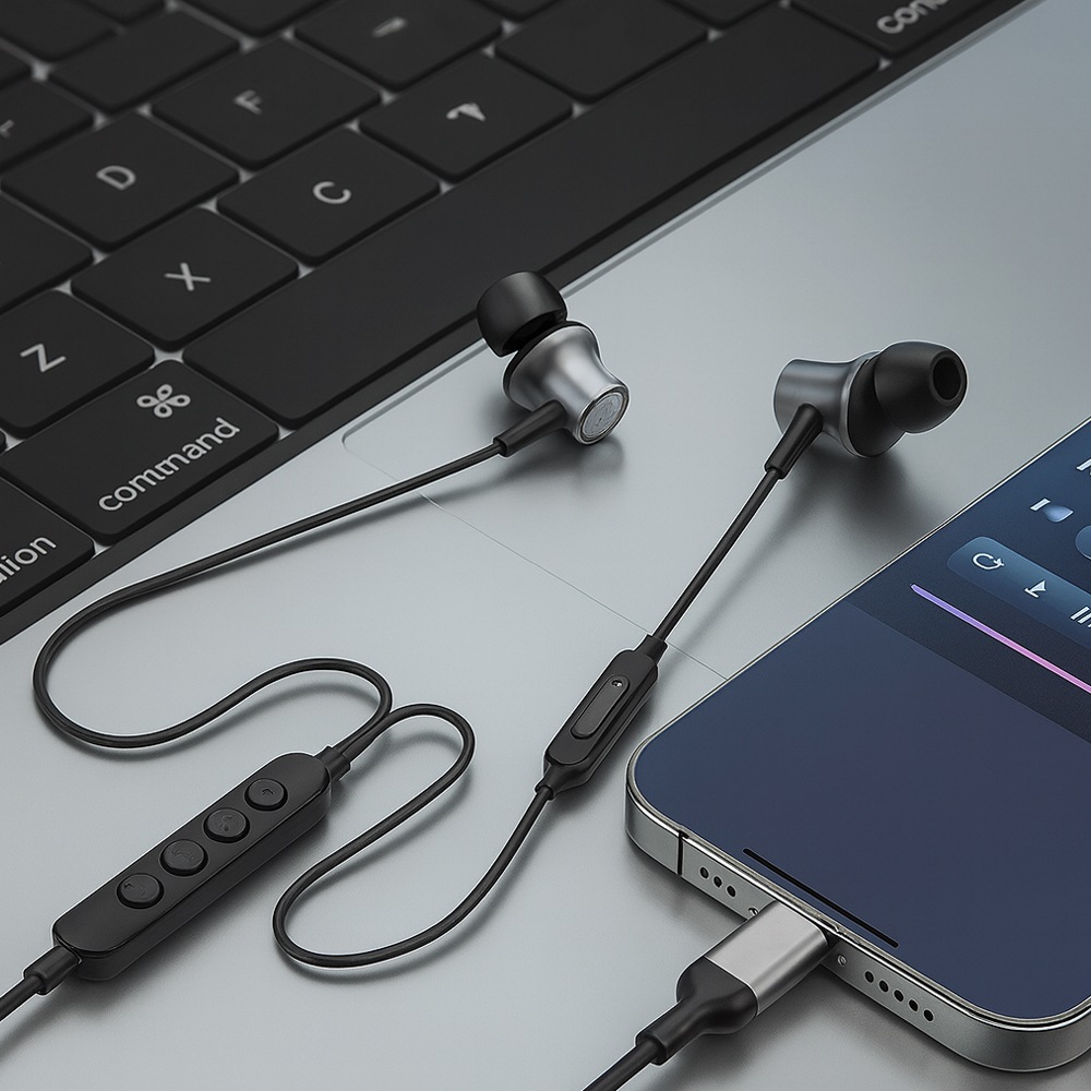 USB Type-Cゲーム＆カラオケ対応（マイク搭載）有線イヤホン　黒×シルバー　HD-KC0086BK