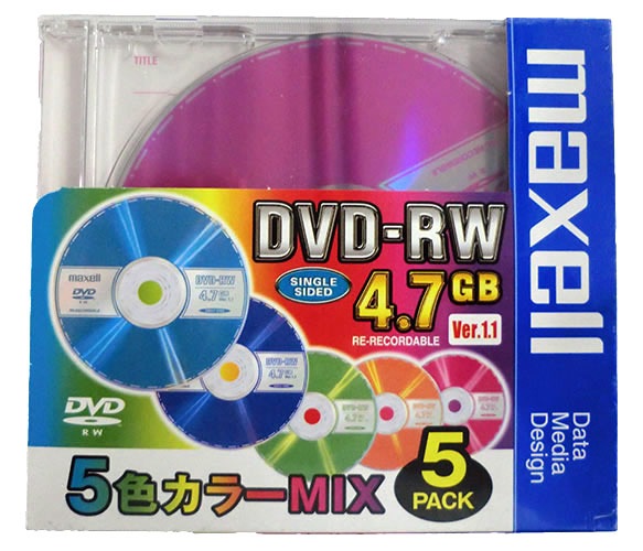 【50枚まとめ買い】【アウトレット】 マクセル データ用 DVD-RW 4.7GB くり返し記録用 1倍速対応 5色カラーMIX 5枚×10パック