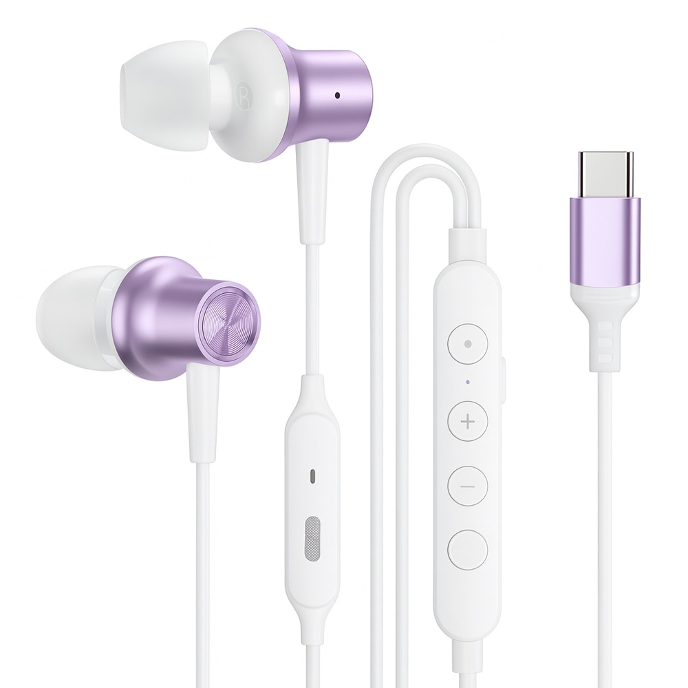 USB Type-Cゲーム&カラオケ対応(マイク搭載)有線イヤホン 白×紫 HD-KC0086PL