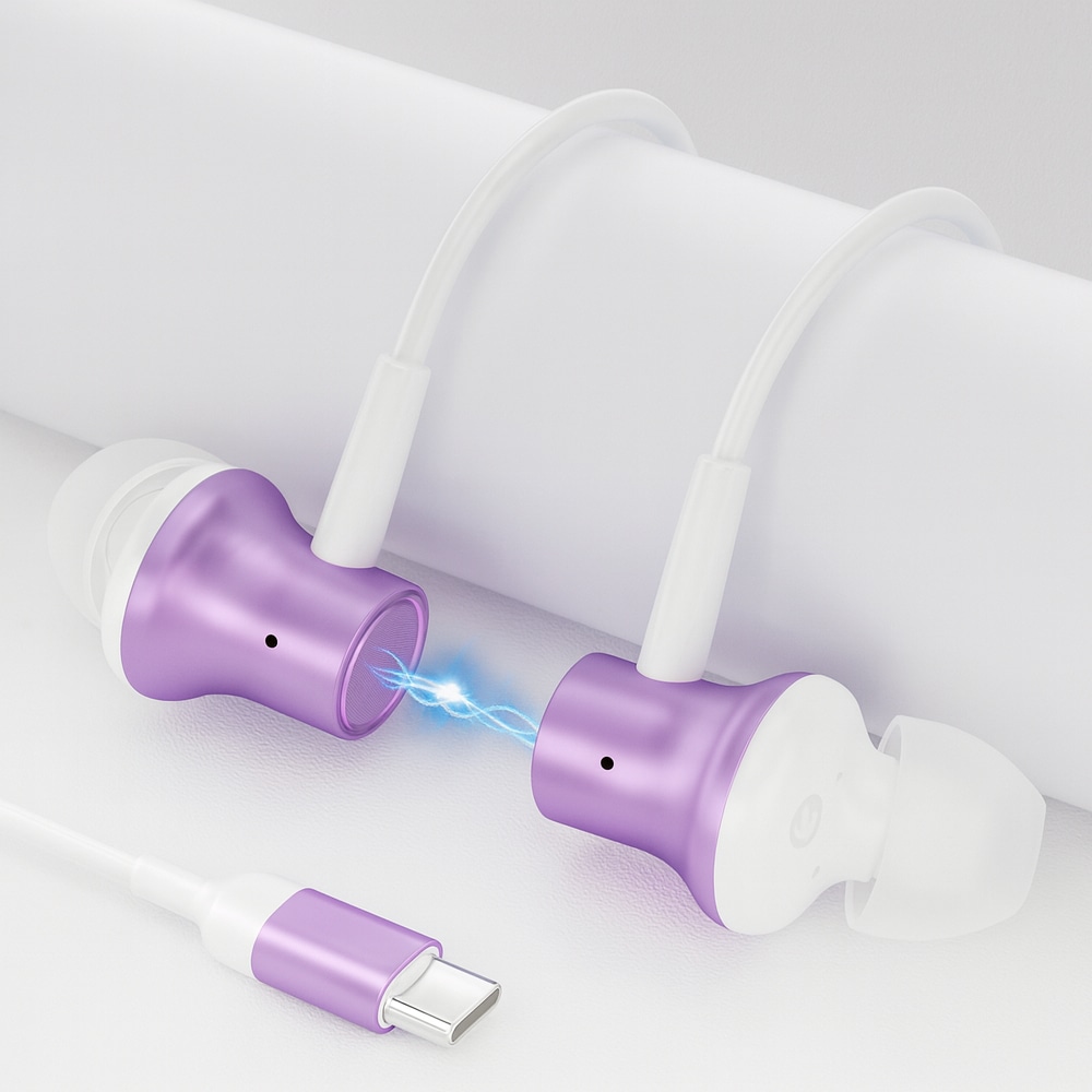 USB Type-Cゲーム&カラオケ対応(マイク搭載)有線イヤホン 白×紫 HD-KC0086PL