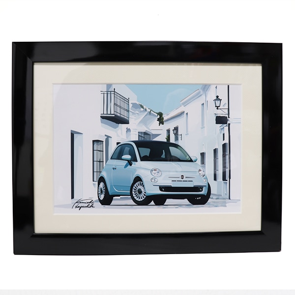 林部研一 カーイラストレーション 額装 FIAT 500 サックス フィアット