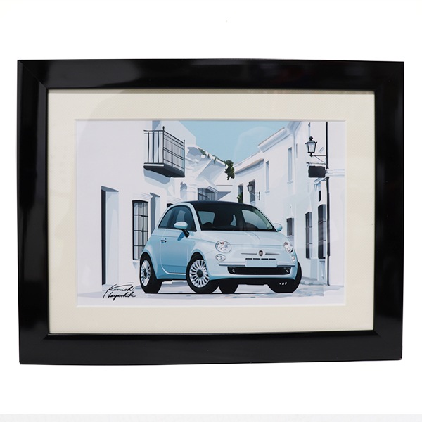 林部研一 カーイラストレーション 額装 FIAT 500 サックス｜ラテン車の
