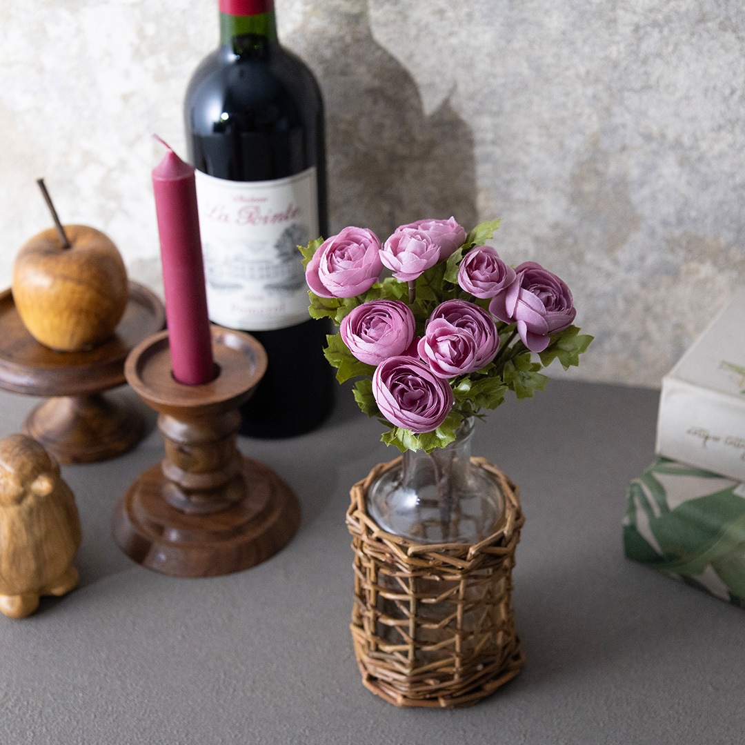 【アートフラワー】アートフラワー ラナンキュラス × ラタンガラスベース付き