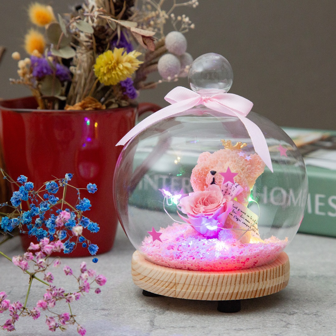 LEDライト付きドームアレンジ（テディベア × プリザーブドローズ）