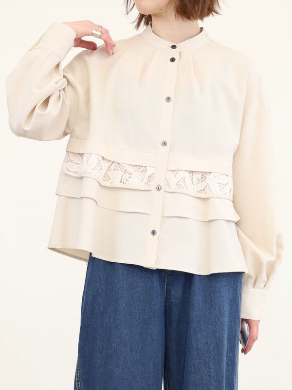 【trois】レース切替スタンドネックブラウス