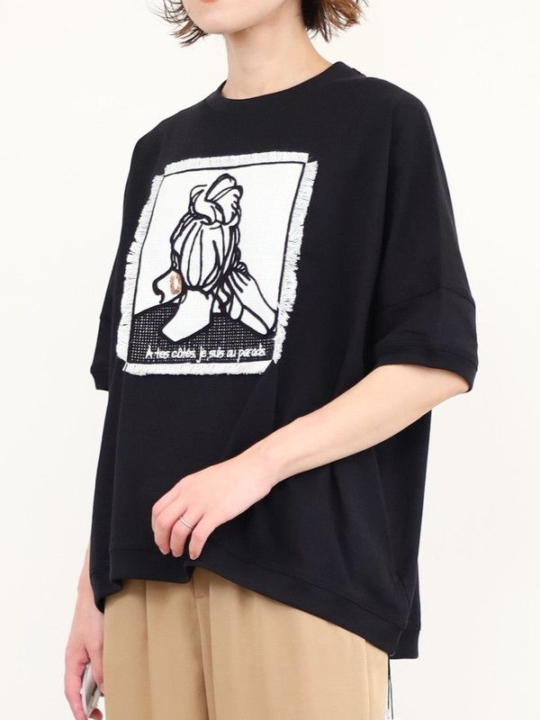 【marie d'or】刺繍貼付身幅ワイドTシャツ