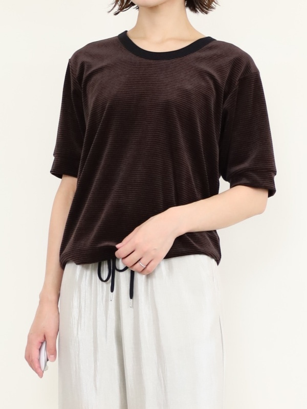 【LeMelange】ベロア半袖ボーダーカットソー