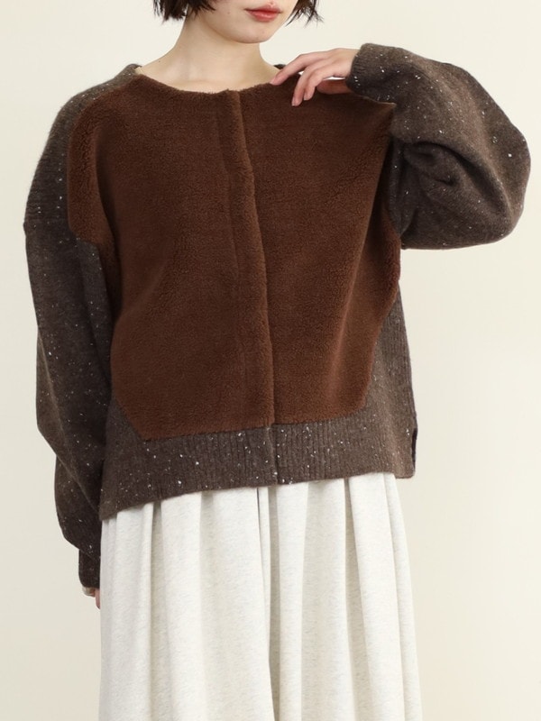 trois】ニット×ボア切替カーディガン