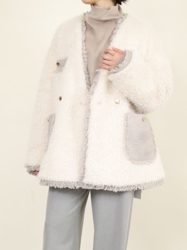 【trois】フェイクファー×ツイードハーフコート