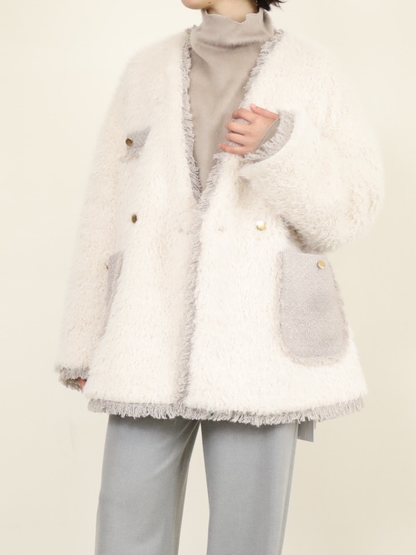 【trois】フェイクファー×ツイードハーフコート