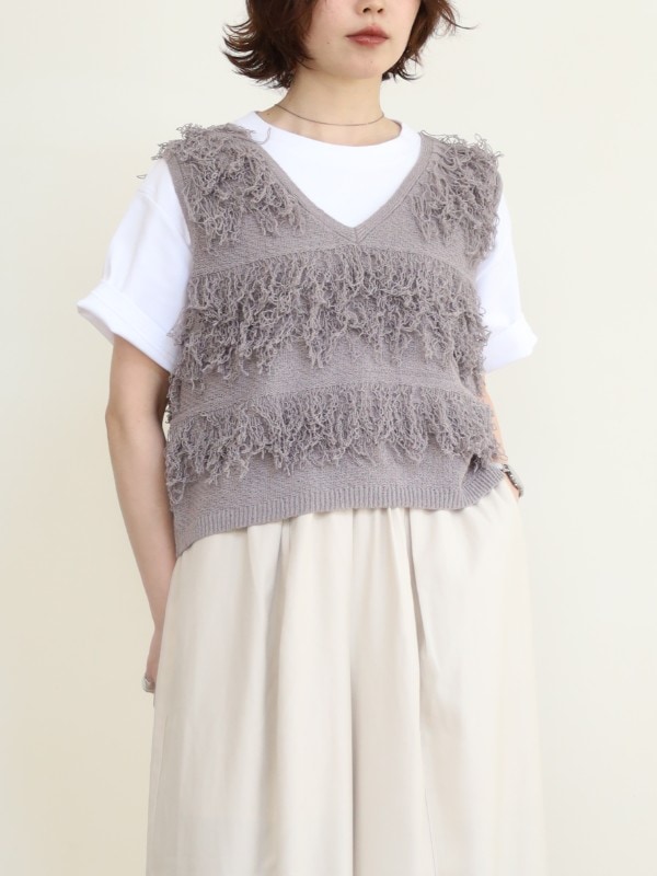 【trois】フリンジショート丈ニットベスト