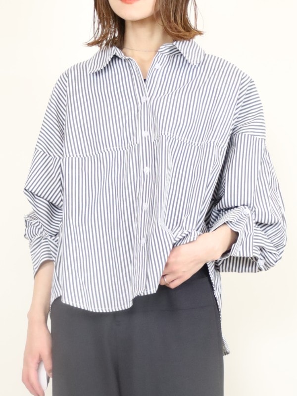 【ayane】ストライプボタンタックスリーブシャツ