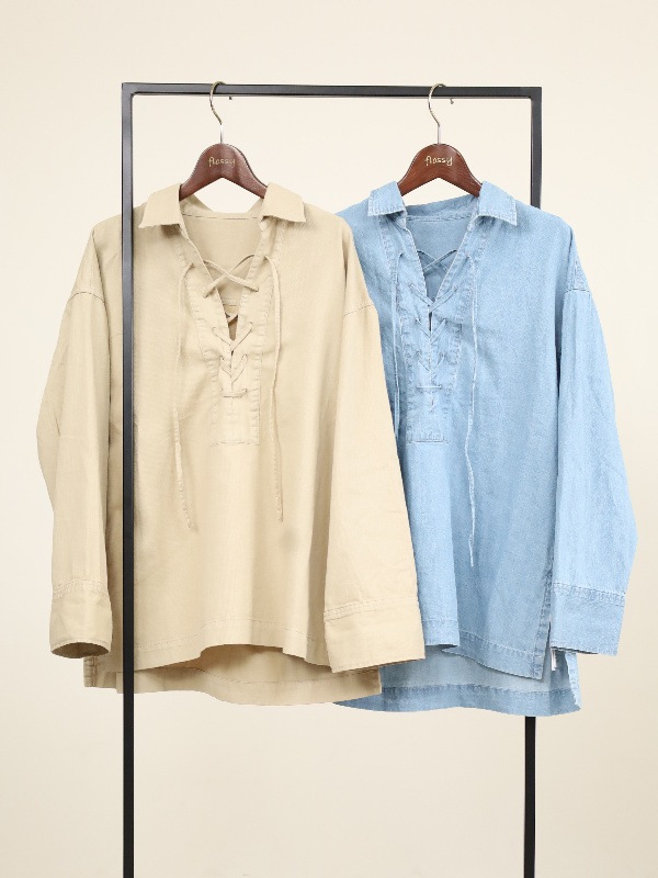 【MICA&DEAL】衿付きレースアップデニムブラウス
