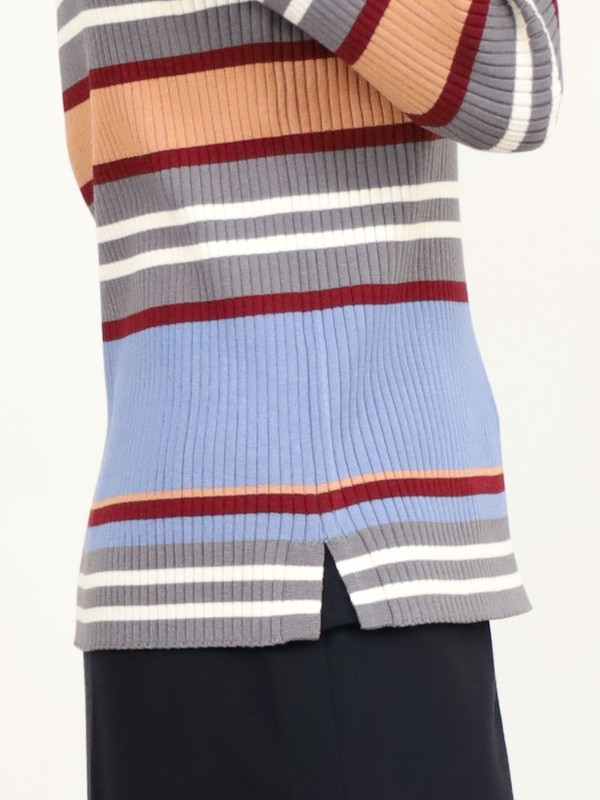 【trois】マルチボーダーハイネックリブニット