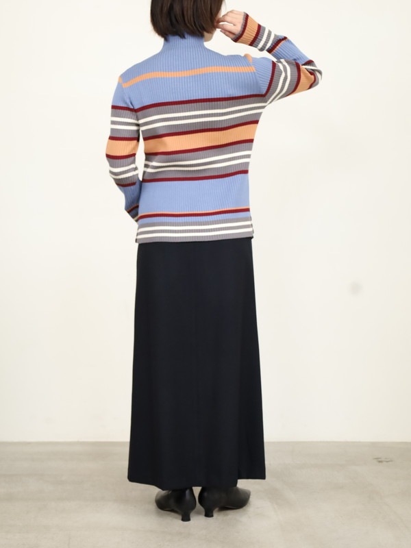 【trois】マルチボーダーハイネックリブニット