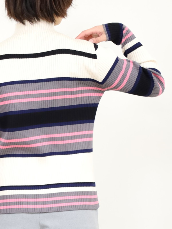【trois】マルチボーダーハイネックリブニット