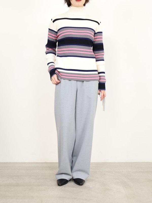 【trois】マルチボーダーハイネックリブニット