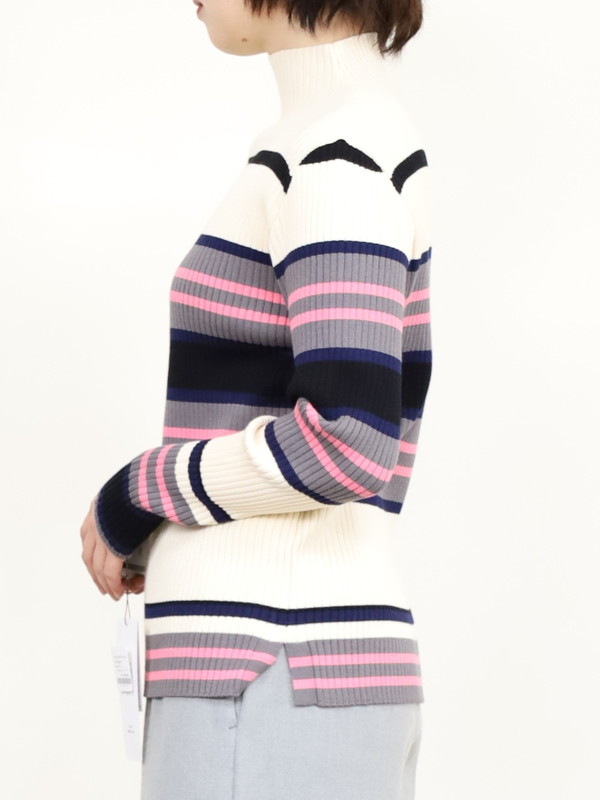 【trois】マルチボーダーハイネックリブニット